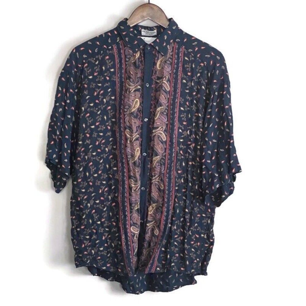 VTG GOOUCH Mens Black Paisely Button Up Short Sleeve Shirt Size L Rayon Retro 90